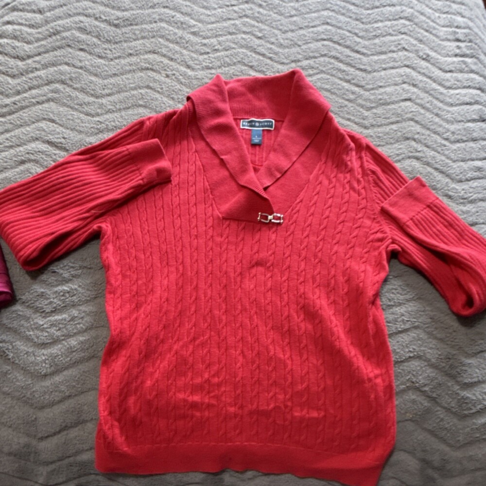 Karen Scott Red Cable-Knit Pullover Sweater Collared Metal Clasp Women’s L